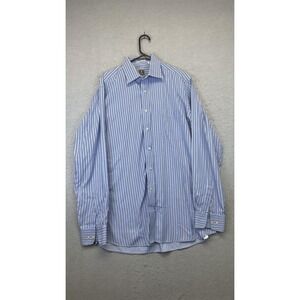 Peter Millar Shirt Mens XL 16.5 Blue White Striped Long Sleeve Button Up Dress‎